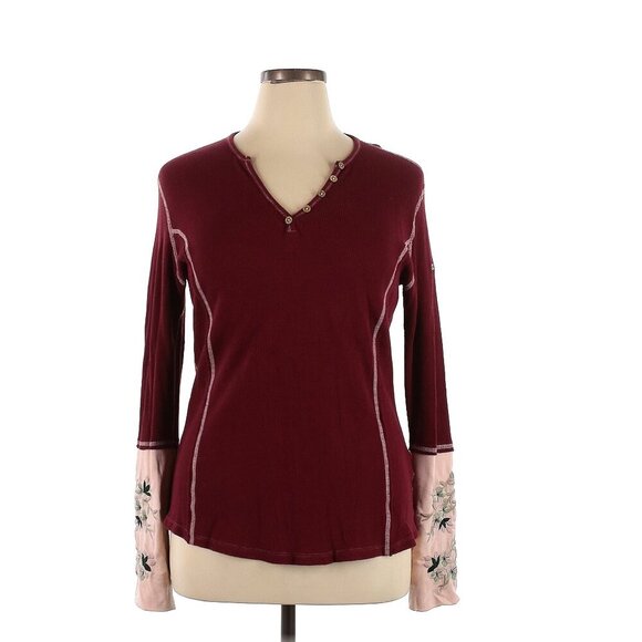 Alp-n-Rock Floral Embroidered Cuff Henley Shirt in Red XL - Picture 1 of 6